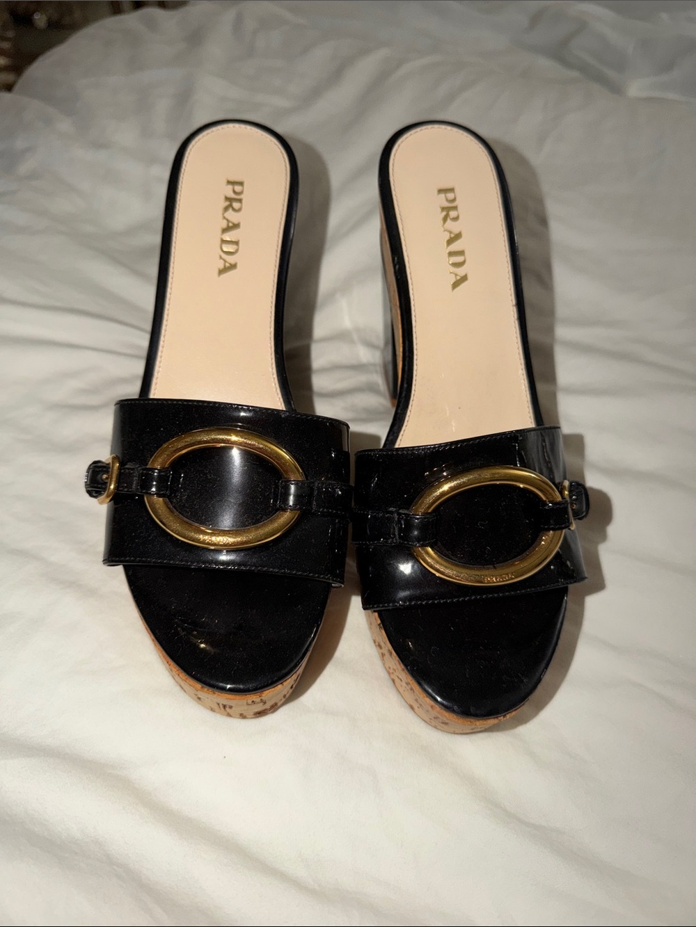 Prada Black Patent Leather Cork Slide Mules with Gold Ring